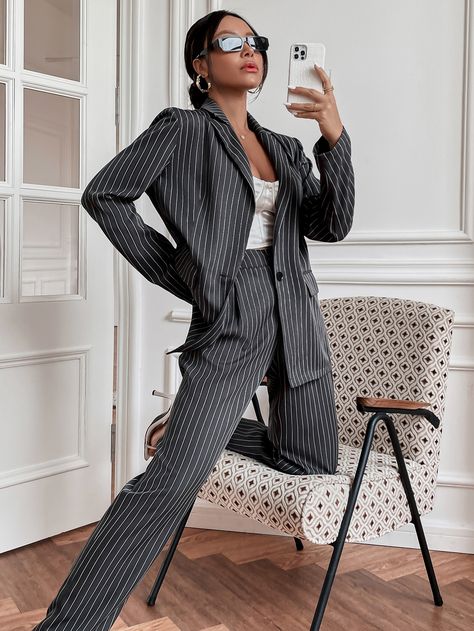 Dark Grey Elegant  Long Sleeve Polyester Striped  Embellished Non-Stretch Spring/Fall Women Suits Striped Suits Women, Black Striped Suit Woman, Striped Suit Women Outfit, Grey Pant Suit Women, Stripe Suit Woman, Women Pinstripe Suit, Women In Pant Suits, Dark Grey Suit Women, Patterned Suits Women