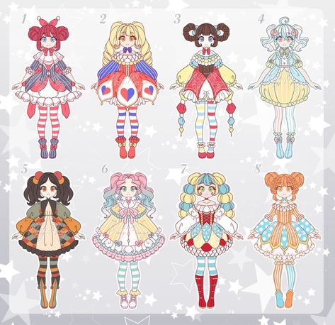 Clown Drawing Reference Poses, Candy Themed Outfit Drawing, Cute Clown Character Design, Clown Suit Drawing, Clown Drawing Outfit, Clown Character Design Girl, Clown Costume Drawing, Clown Dress Drawing, Anime Clown Art