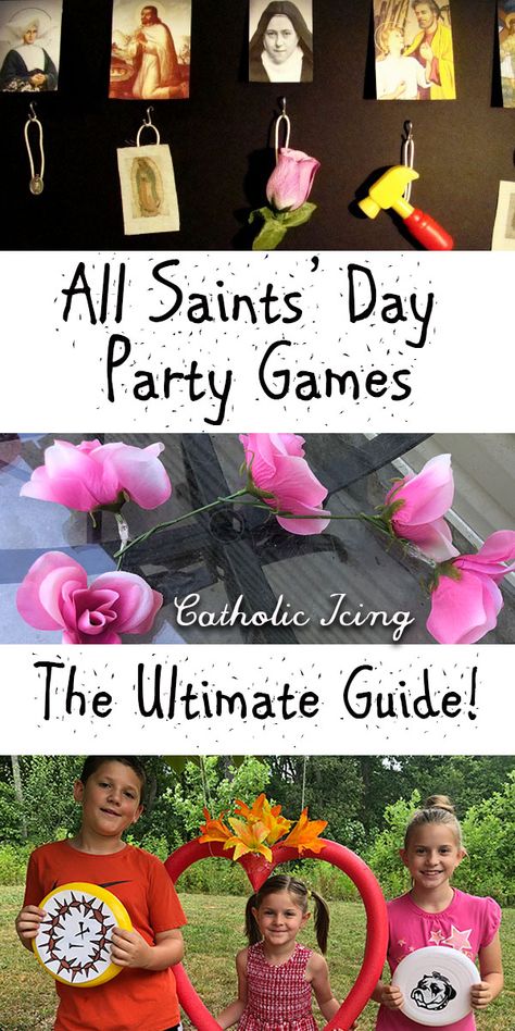 So many All Saints Day game ideas here for big or small parties! Check it out! #catholicicing #allsaintsday #catholickids #saintsforkids All Saints Day Games Ideas, All Saints Day Party Ideas, All Saints Activities For Kids, Catholic Games For Kids, All Saints Party Ideas, All Saints Day Party Games, Saint Activities For Kids Catholic, All Saints Party, Saint Crafts For Kids