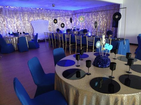 Royal blue and gold 70s Disco theme party 70s Disco Table Decorations, Saturday Night Fever Party Decorations, Disco Table Decorations, Saturday Night Fever Party, 70s Disco Theme Party, 70s Disco Theme, Disco Table, Disco Theme Party, Disco Party Decorations