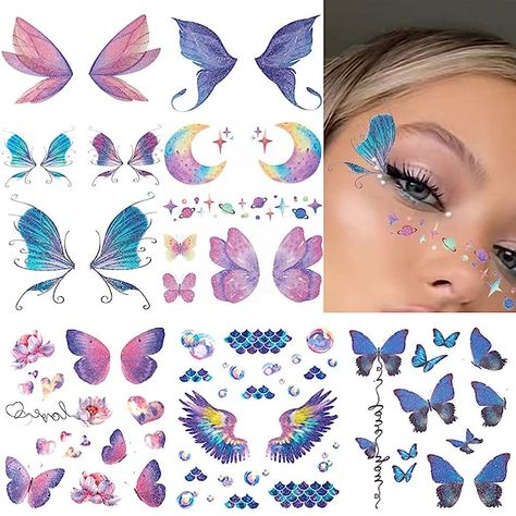 Makeup With Temporary Tattoo, Butterfly Face Stickers, Butterfly Makeup Tattoo, Temporary Tattoo Butterfly, Glitter Tattoo Temporary, Temporary Tattoo Eye Makeup, Eye Makeup Stickers, Butterfly Sticker Makeup, Face Stickers Aesthetic