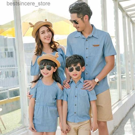 none Familly Ulzzang, Cotton Dress Outfit, Family Clothing Sets, Couples Clothes, Father Son Shirts, Daughter Dress, Mother Daughter Dress, Mommy And Me Shirt, Denim Clothing