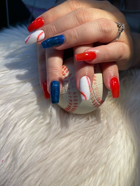 Braves Nail Designs, Braves Nails Atlanta, Baseball Nail Art Designs, Baseball Acrylic Nails, Baseball Nails Acrylic, Phillies Nails, Atlanta Braves Nails, Baseball Themed Nails, Braves Nails