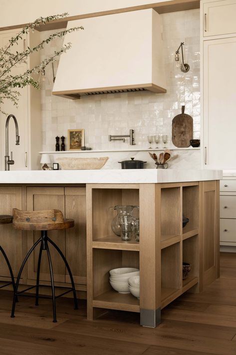 Cream Kitchen With Wood Island, Studio Mcgee Pantry, Wood Hoods Kitchen, Shea Mcgee Kitchen, Earthy Kitchen Design, Wood Island Kitchen, Bohemia House, Reclaimed Kitchen Island, Modern Organic Kitchen