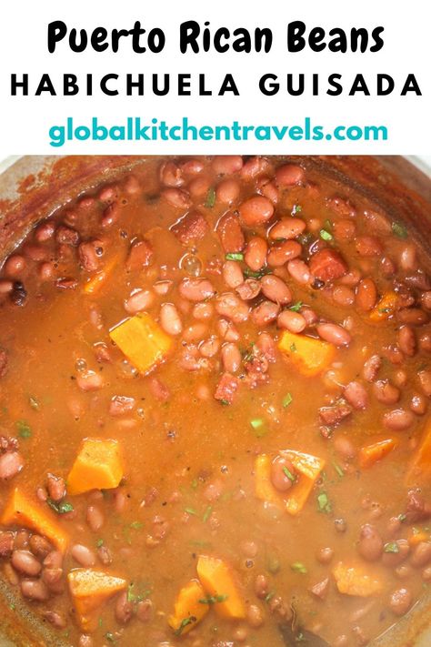 Habichuela Gui.sada is the perfect recipe to enjoy your Rice & Beans. Learn how to make authentic Puerto Rican Stewed Beans #beans #caribbeanrecipes #puertoricanfood Abichuela Guisada Puerto Rican, Puerto Rican Stewed Beans, Red Beans Puerto Rican Recipe, Puerto Rican Recipes Beans, Puerto Rican Red Beans Recipes, Pinto Bean Recipes Puerto Rican, Puerto Rican Rice And Beans Recipe, Spanish Pinto Bean Recipes, Puerto Rican Pinto Beans