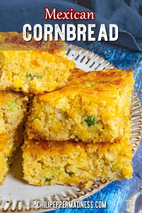 This Mexican-style cornbread recipe is so moist and loaded with chopped jalapenos, corn, and melty cheese, it won't last long, so easy to make and tasty! It's the best. Mexican Recipes Authentic, Mexican Recipes Easy, Mexican Cornbread Jiffy, Easy Mexican Cornbread, Mexican Cornbread Recipe, Ground Beef Recipes Mexican, Moist Cornbread, Authentic Mexican Recipes, Mexican Cornbread