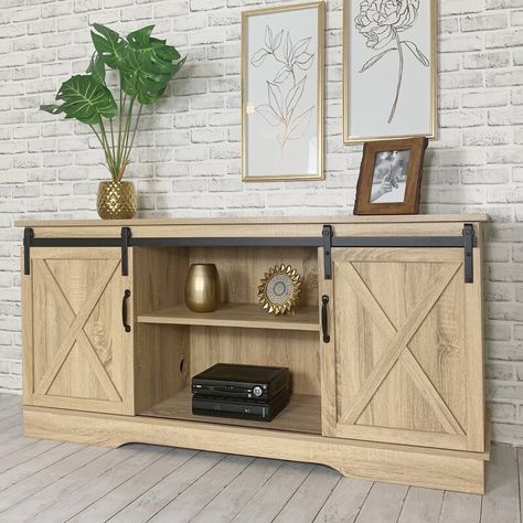 Gracie Oaks Heger TV Stand for TVs up to 65" & Reviews | Wayfair Barn Door Tv Console, Barn Door Tv Stand, Farmhouse Living Room Furniture, Living Room Entertainment Center, Wood Storage Cabinets, Living Room Entertainment, Doors Sliding, Tv Stands And Entertainment Centers, Barn Doors Sliding