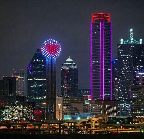 From Dallas with Love. . #heart #skyline #dallas Dallas Texas Skyline, Dallas City, Liberty New York, Dallas Skyline, Texas City, Night Scenery, Dream City, Dallas Fort Worth, Night City