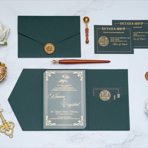 A beautiful gold glitter printed wedding invitation on an acrylic invitation.
Dark Green envelope and seal decoration with many color and model options.
You can complete your invitation with a gold gilded rsvp card on dark green paper. A design where acrylic wedding invitation meets gold gilding and dark green envelope. Dark Green Envelope, Acrylic Wedding Invitation, Acrylic Invitation, Green Invitations, Green Envelope, Acrylic Wedding Invitations, Acrylic Invitations, Green Envelopes, Printing Wedding Invitations