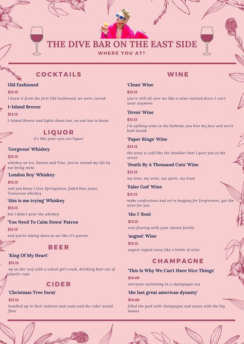 Taylor Swift Alcohol Lyrics, Speak Now Taylor Swift Cocktail, Taylor Swift Debut Drinks, Taylor Swift Inspired Alcoholic Drinks, Taylor Swift Drinking Game, 1989 Taylor Swift Party Theme, Taylor Swift Inspired Cocktails, Taylor Swift Drink Ideas, Taylor Swift Appetizers