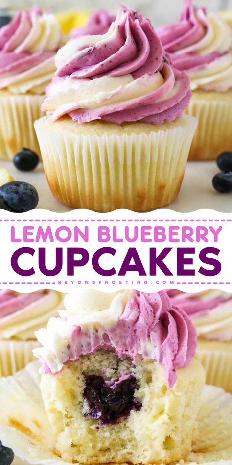 This fun summer dessert is one of the best! Filled with fresh blueberry sauce then swirled with vanilla frosting and blueberry frosting, these homemade lemon cupcakes are an easy Labor Day party food everyone will enjoy. Save this lemon blueberry cupcake recipe! Blueberry Cupcakes Recipe, Blueberry Cupcake, Blueberry Frosting, Lemon Blueberry Cupcakes, Labor Day Party, Blueberry Filling, Blueberry Cupcakes, Fun Cupcake Recipes, Easy Easter Desserts