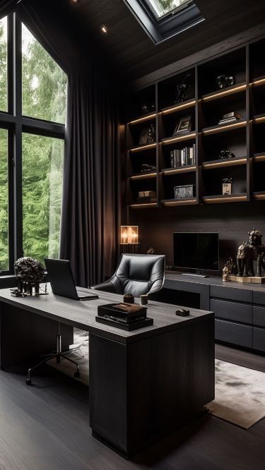 Dark Luxury Office, Lawyer Room, Mansion Office, Home Office Dark, Dark Interior Design, Dark Modern, Office Interior Design Modern, Luxury Office, Bureau Design