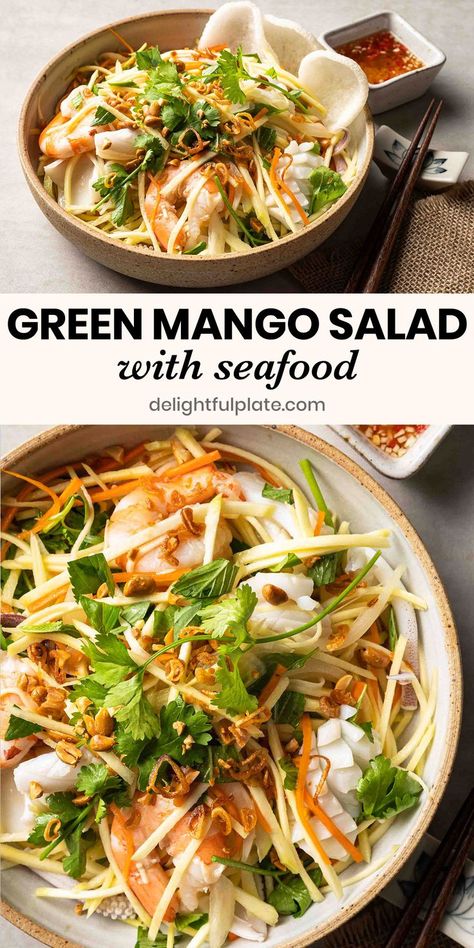 a plate of Vietnamese green mango salad with shrimp and squid Salad With Seafood, Thai Mango Salad, Easy Vietnamese Recipes, Green Mango Salad, Asian Seafood, Squid Recipes, Green Mango, Mango Salad, Mango Recipes