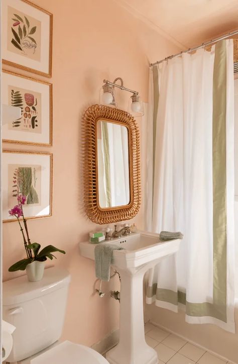 Danielle Rollins, Coral Bedroom, Rental Bathroom, Style Bungalow, Bathroom Decorating Ideas, Show House, Apartment Makeover, Custom Shower Curtains, Bathroom Decorating