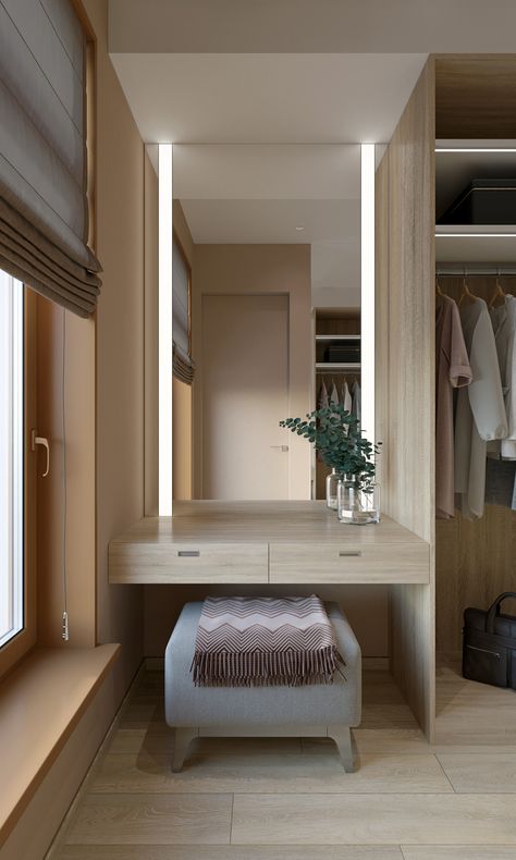 House in Moscow on Behance Open Closet With Vanity, Dressing Table Between Wardrobes, Minimalist Dressing Room, Closet With Vanity Built In, Vanity Nook, Dressing Table Mirror Design, Dressing Room Mirror, Dressing Room Closet, Dressing Table Design