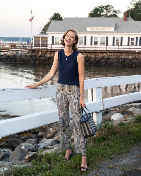 DAILY LOOK:  Get 20% off all full priced items at J.McLaughlin with code “Stacie20”!  J.McLaughlin Knit Tank c/o  J.McLaughlin Straw Bag c/o Etro Paisley Pants (also love this pattern or this!)  Sarah Flint Perfect Block… J Mclaughlin Style, Classic Pants With Built-in Shorts, Chic Cotton Pants With Built-in Shorts, J Mclaughlin Handbags, Paisley Pants, Simplon Orient Express, J Mclaughlin, Block Sandals, Preppy Summer Outfits