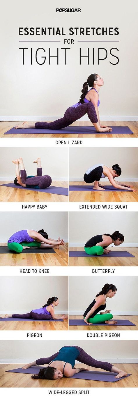 For opening up your hips. | Sitting at work, sitting in the car, sitting on the couch. We sit a lot. And tight hips are the scourge of sitters. Learn these basic (but brilliant) poses from PopSugar to open your hips and stretch you out. Membakar Lemak Perut, Quick Workouts, Body Transformations, Hip Flexor Stretch, Beginner Yoga, Fitness Plan, Exercise Routines, Trening Fitness, Yoga Posen