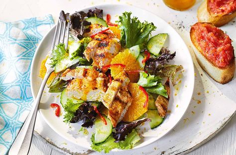 Spanish Chicken Salad Recipe | Chicken Recipes | Tesco Real Food Orange Salad Recipes, Easy Summer Salad, Orange Dressing, Spanish Chicken, Breaded Chicken Breast, Spanish Recipes, Tesco Real Food, Salad Recipes Video, Greek Yogurt Recipes