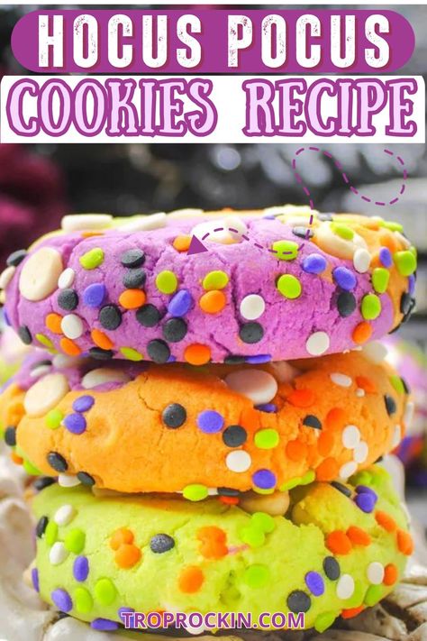 Bring magic to your Halloween with these colorful and delicious Hocus Pocus Cookies! Full of rich flavors and sweet sprinkles, they are perfect for any spooky celebration. Click here to get the recipe and make your Halloween dessert table irresistibly delish! Hocus Pocus Cookies Recipe, Halloween Cookies With Sprinkles, Halloween Cookies Hocus Pocus, Cake Mix Halloween Cookies, Hocus Pocus Strawberries, Bake Sale Treat Ideas, Hocus Pocus Recipes, Hocus Pocus Sugar Cookies, Hocus Pocus Dessert