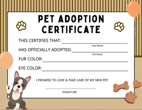 Brown, black, tan, white and peach colors make this pet adoption certificate very modern and great for any birthday party! Adopt A Pet Certificate, Adopt A Wolf Pup, Adoption Certificate For Stuffed Animals, Adopt A Puppy Birthday Party Cute Ideas, Adopt A Stuffed Animal, Stuffed Animal Adoption Certificate, Pet Certificate, Vet Party, Dog Adoption Party