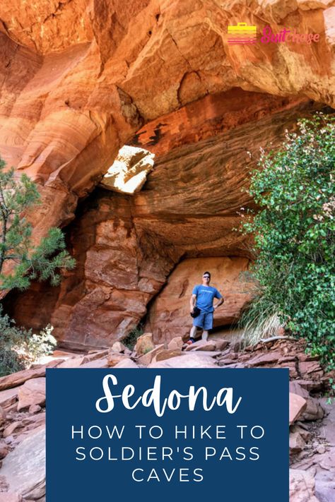 Soldier’s Pass Caves and the Soldier’s Pass Loop Trail gives you the biggest variety of landscape when it comes to Sedona hiking trails! From sinkholes to sacred pools to caves to gorgeous views, this hike has it all. This 5-mile looped trail was my favorite hike in Sedona, hands down. Get tips on where to park, how to find the caves, and other must-see sights along the way. This hiking guide includes Brin's Mesa, Soldier's Pass Caves, 7 Sacred Pools, and the Devil's Kitchen Sinkhole. Soldiers Pass Trail Sedona, Sedona Hiking, Arizona Vacation, The Soldier, Hiking Guide, Vacation Inspiration, Arizona Travel, University Of Arizona, Gorgeous View