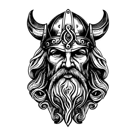 Viking Head Tattoo, Viking Art Drawing, Vikings Drawing, Viking Skull Art, Odin Art, Viking Vector, Viking Drawings, Odin Tattoo, Viking Warrior Tattoos