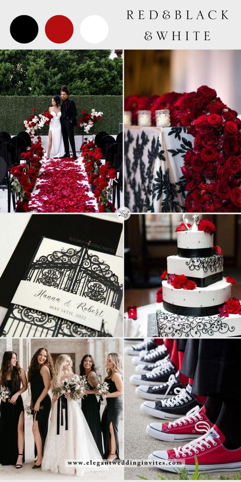 Black Wedding Theme Ideas, Black Wedding Theme, Black Red Wedding, Black Wedding Decorations, Black And White Wedding Theme, Red Wedding Decorations, Wedding Colors Red, White Wedding Decorations, Red And White Weddings