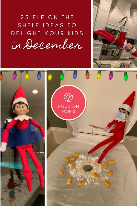 25 Elf on the Shelf Ideas to Delight Your Kids in December Elf Fishing, Goldfish Snack, Cocoa Party, Floor Is Lava, Barbie Car, The Floor Is Lava, Day Backpacks, Wearing A Mask, Sprinkle Cookies