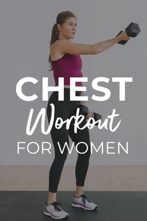 Add these chest exercises for women to your weekly workout routine! Chest exercises, often skipped by women, are important for supporting good posture and building upper body strength. This 25-minute chest workout at home uses a set of dumbbells to tone the arms and build chest muscles. There's a misconception that since women have breasts they don't need to train the chest muscles or pectoralis muscles. This is NOT true. Chest workouts are just as important for women as they are for men. Chest Work Out Female, Workouts To Perk Up Chest, Chest Workout Free Weights, Pecs Exercises Women, Exercise For Firm Breast, Tone Chest Workout Women, Chest Excersice At Home, Best Chest Exercises For Women, Chest And Glute Workout