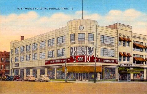 This hideous building was once a showplace location of Kresge's 5 and 10 Cent store in Pontiac, Michigan. See it in its original splendor at 'Collecting the Awful' at the web's largest private collection of antiques & collectibles: https://www.ericwrobbel.com/collections/collecting-the-awful.htm Michigan Poster, Pontiac Michigan, Michigan Girl, Michigan Art, Travel Art Print, Main Street Usa, Art Print Display, Vero Beach, Landscape Poster