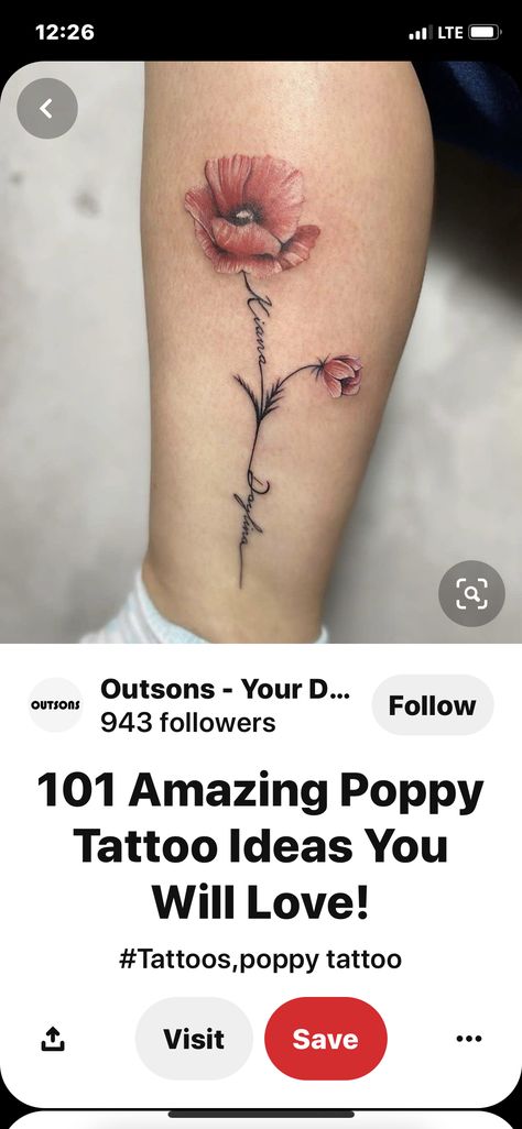 Poppy Name Tattoo, Flower Foot Tattoo, Name Flower Tattoo, Poppy Flower Tattoo, Kid Name Tattoo, Tattoos With Kids Names, Bug Tattoo, Poppies Tattoo, Mother Tattoos