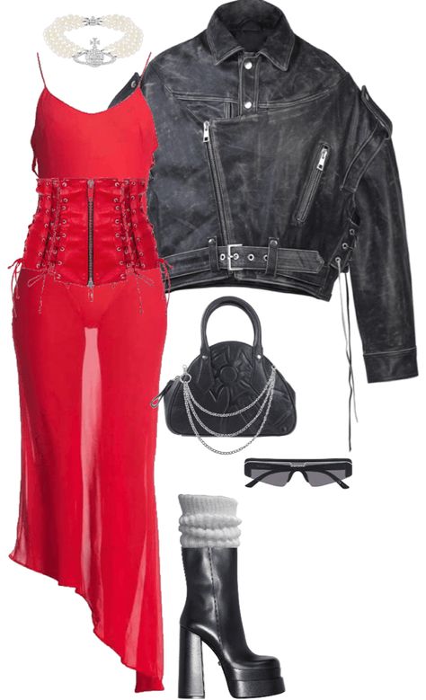 Versace Platforms Outfit, Outfits With Versace Platforms, Medusa Platform Versace Outfit, Red Dress Versace, Versace Leather Dress, Punk 90s, Chic Black Outfits, Outfit Ideas For Party, Belt Chain