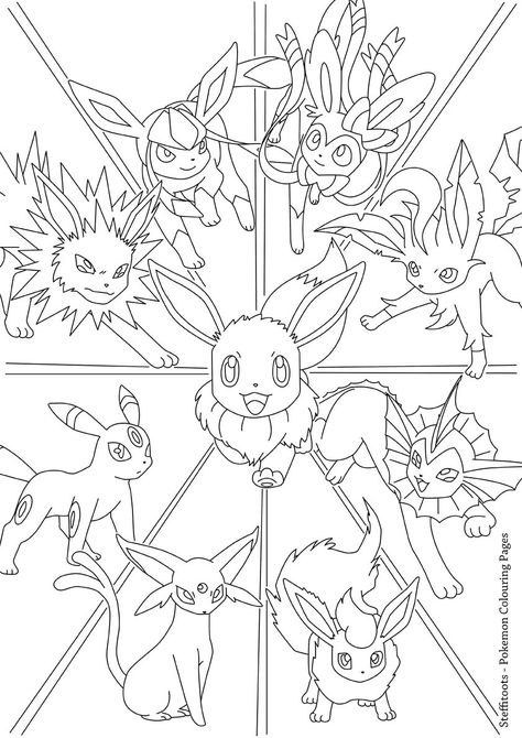 All Eevee Evolutions, Pokémon Coloring Pages, Pokemon Coloring Sheets, Pikachu Coloring Page, Pokemon Eevee Evolutions, Pokémon Party, Pokemon Eeveelutions, Eevee Evolutions, Pokemon Pokedex