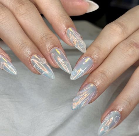 Pearl White Chrome Nails, Evangelion Nails, Y2k Nails Pink, Acrylic Nails Y2k, Nails Japanese, Shell Nails, Pearl Chrome, White Chrome Nails, Mermaid Pearl