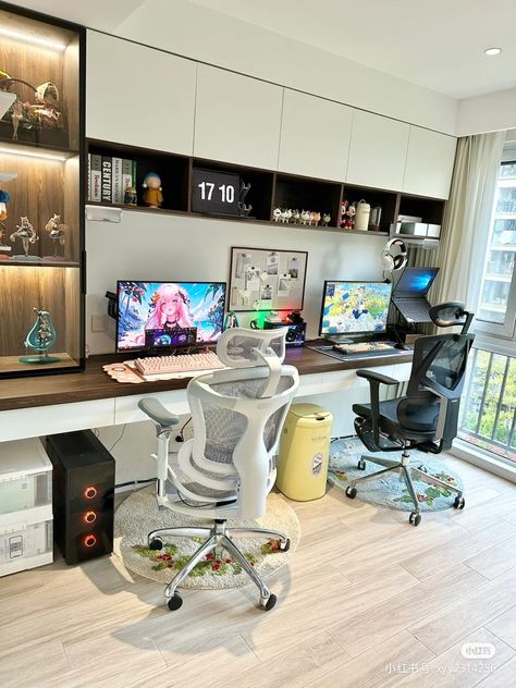 Couples Desk, Couples Study Room, His And Hers Battlestations, Couple Office Room, 2 Person Desk Setup, Couples Desk Setup, 2 Person Gaming Setup, Two Person Gaming Setup, Couple Home Office