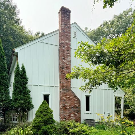 Look at this before and after! This house got deserved portion of love and looks so fresh and clean! We’ve installed James Hardie Board and Batten siding on the entire house in Arctic White color with metal wrap for the trims, aluminum copper tone gutters and changed decking on the front porch and railings. Hardie Board And Batten Siding, Hardie Board, James Hardie, Board And Batten Siding, Board And Batten, So Fresh, Fresh And Clean, Front Porch, White Color