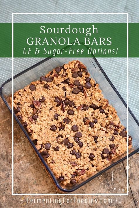 Pan of chocolate pecan granola bars. Simple Granola Bar Recipe, Sourdough Zucchini Bread Recipe, Sugar Free Granola Bars, Sourdough Granola, Simple Granola, Soft Granola, Gluten Free Granola Bars, Starter Sourdough, Friendship Bread Recipe