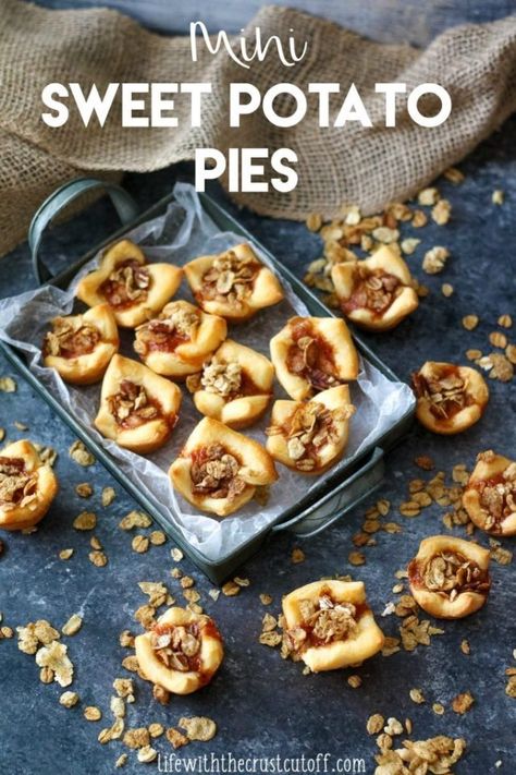 Mini Sweet Potato Pies - Life With The Crust Cut Off Sweet Potato Pie Filling, Sweet Potato Pies, Crescent Roll Dough, Crunchy Pecans, Crescent Roll, Potato Pie, Sweet Potato Pie, Thanksgiving Menu, Party Food Appetizers