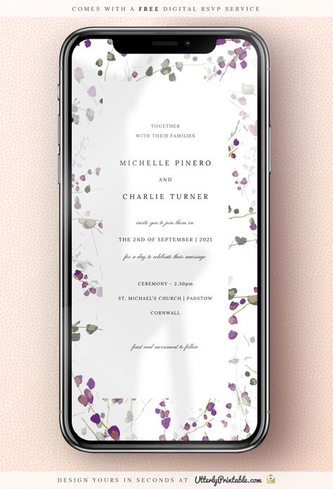 Weeding Inventions Card Digital, Online Wedding Invitations Templates, Purple Lupine, Purple And Green Flowers, Wedding Invitations Printable, Digital Wedding Invitations Design, Electronic Wedding Invitations, Undangan Digital, Wedding Graphics