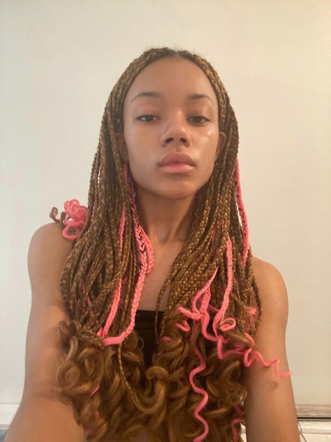 Braids With Light Pink, Goddess Braids With Pink, Light Brown And Pink Braids, Brown And Pink Braids, Grad Hairstyles, Braids Pink, Black Girlhood, Brown Braids, French Curl Braids