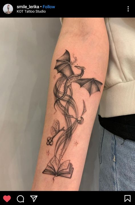 Fantasy Inspired Tattoo Sleeve, Cool Fantasy Tattoos, Harry Potter Back Tattoo Women, Book Dragon Tattoo For Women, Dragon And Book Tattoo Ideas, Dragon Coming Out Of A Book Tattoo, Book And Dragon Tattoo Ideas, Dragon Book Tattoo For Women, Magical Tattoo Sleeve