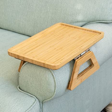 I love this table. Easy, and fits my couch perfectly! Tables For Small Spaces, Couch Tray, Couch Arm Table, Meja Sofa, Arm Rest Table, Sofa Arm Table, Wooden Couch, Natural Sofas, Table Clips