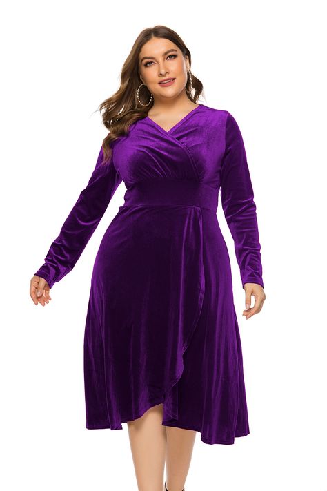 Plus Size Women Clothes Autumn New V-neck Long Sleeve  Dress Velvet Plus Size Dress, Velvet Plus Size, Long Sleeve Party Dress, Long Sleeve Velvet Dress, Velvet Midi Dress, Party Dress Long Sleeve, Sleeves Dress, Puff Sleeve Dresses, Evening Party Dress