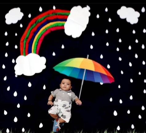 Rainy Season Photoshoot Ideas, Rainy Season Baby Photoshoot, Rainy Theme Baby Photoshoot, Rain Theme Baby Photoshoot, Rainbow Theme Baby Photoshoot, Summer Baby Photos, Rainbow Baby Photography, Temple Painting, Coconut Decoration