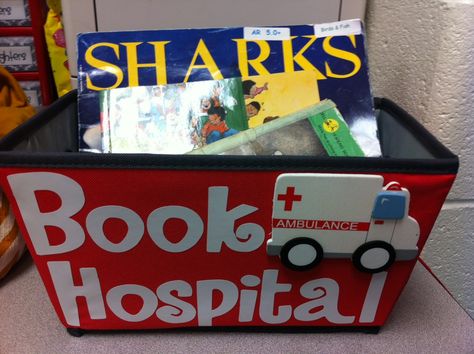 Love this idea for a Book Hospital-perfect for my Cricut. Book Hospital, Library Organization, Classroom Organisation, Teacher Friends, Teacher Organization, New Classroom, Classroom Library, Classroom Environment, Classroom Fun