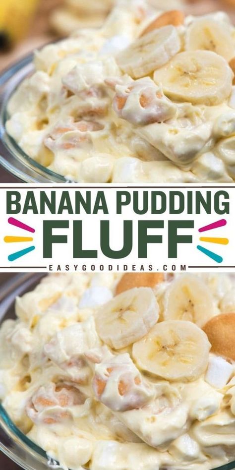 Banana Pudding Fluff is a simple sweet treat with bananas, pudding, marshmallows, and vanilla wafers. Add this homemade fluff recipe to your delicious dessert ideas! Banana Pudding Fluff, Pudding Fluff, Vanilla Wafer Recipe, Marshmallow Fluff Recipes, Fluff Salad, Banana Pudding Recipe, Fluff Recipe, Fluff Desserts, Keto Meal Plans