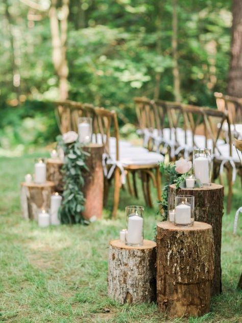 Logs At Wedding Tree Stumps, Simple Small Wedding Decorations, Small Wedding Ideas Western, Woodland Wedding Aisle, Wedding Decor Aisle Outdoor, Stumps Wedding Decor, Simple Wedding In The Woods, Tree Trunk Wedding Decor, Woods Ceremony Wedding