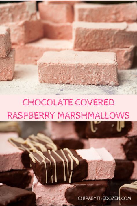 Chocolate Covered Raspberry Marshmallows #homemademarshmallows #raspberry #chocolate Flavored Marshmallow Recipe, Raspberry Marshmallow Dessert, How To Make Gourmet Marshmallows, Homemade Flavored Marshmallows, Filled Marshmallows, Marshmallow Filled Chocolates, Raspberry Marshmallows, Marshmallows Recipes, Fluff Recipes