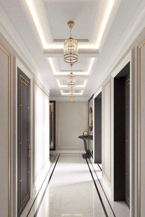 clean elegant hallway Hiasan Dalaman Rumah, Hotel Corridor, Corridor Design, Interior Ceiling Design, House Ceiling Design, Plafond Design, Ceiling Design Living Room, Ceiling Design Modern, Hallway Designs