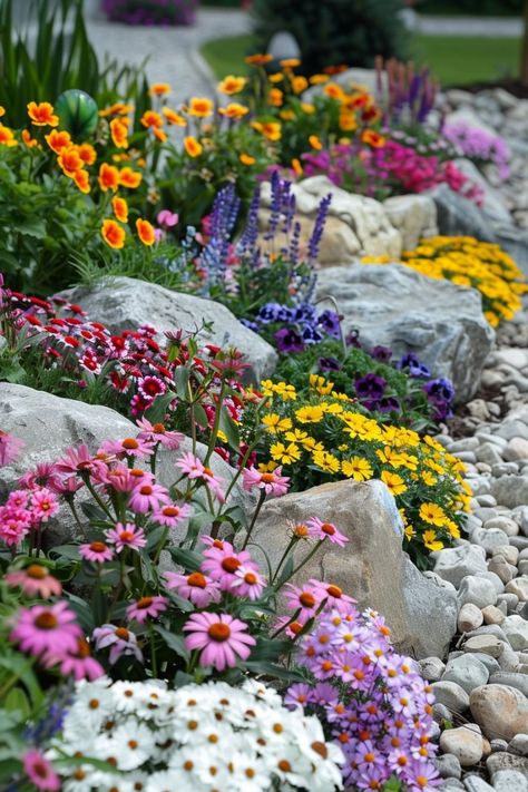 Create areas with comfortable seating, fire pits, and outdoor kitchens for entertaining and relaxation Flowers In Rock Bed, Landscaping With Flowers, Flower Bed Designs, Front Garden Landscape, Garden Flower Beds, Front Yard Garden Design, Rock Garden Landscaping, Beautiful Flowers Garden, Garden Yard Ideas